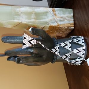 Fashion Ring attached bracelet in Black White and Silver with Clear Rhinestones